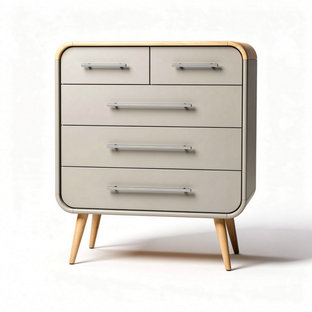 Commode moderne en bois avec quatre tiroirs gris et pieds en bois clair 75 x 40 x 90cm