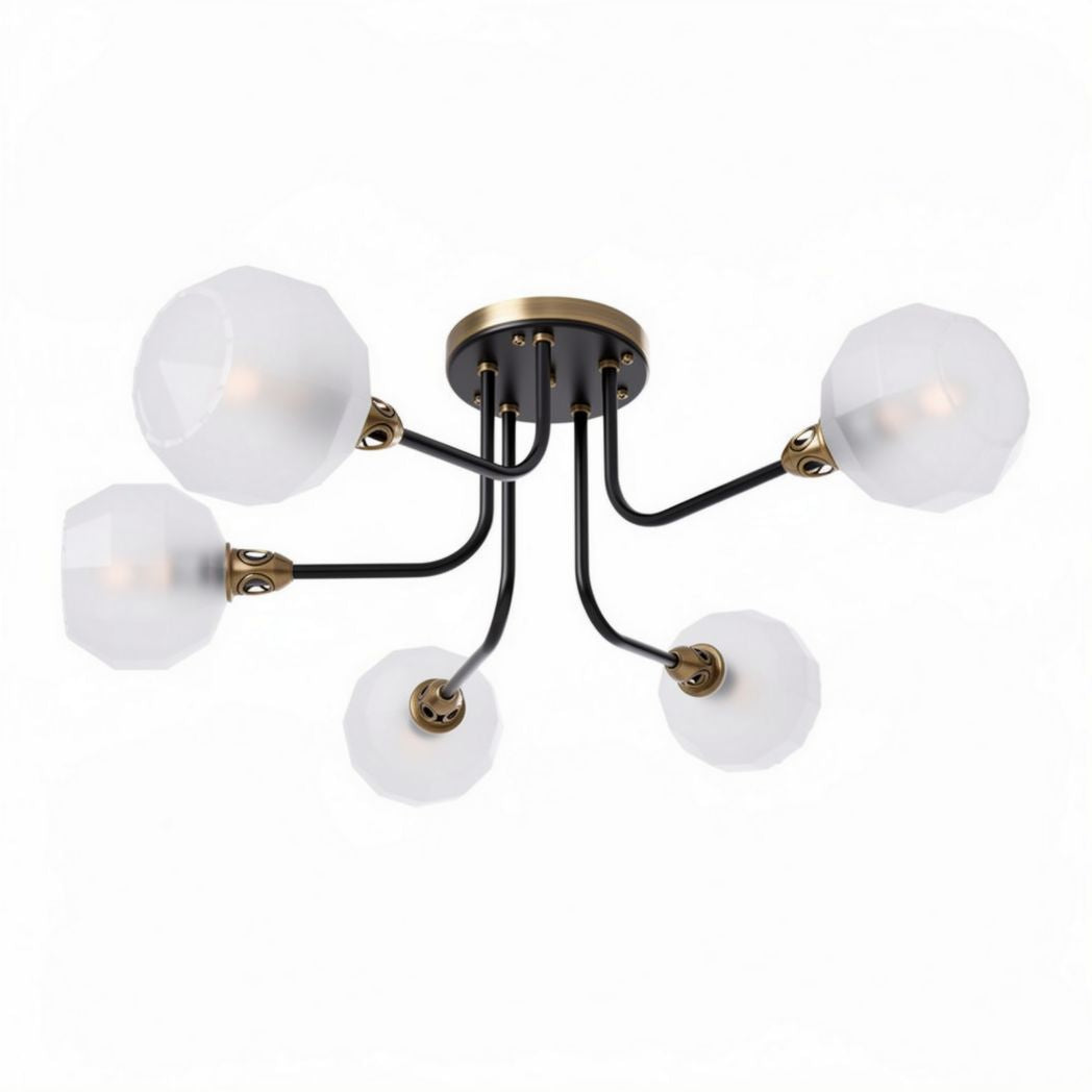 Suspension en métal noir avec cinq abat-jours en verre opale 60 x 60 x 25cm