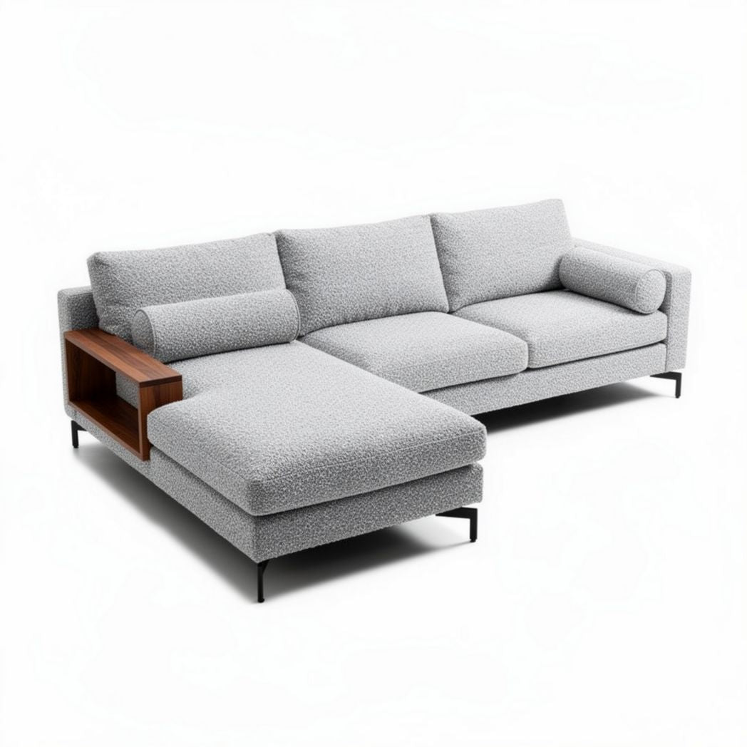 Canapé en tissu bouclé gris avec rangements en bois dimensions 240 x 160 x 85cm