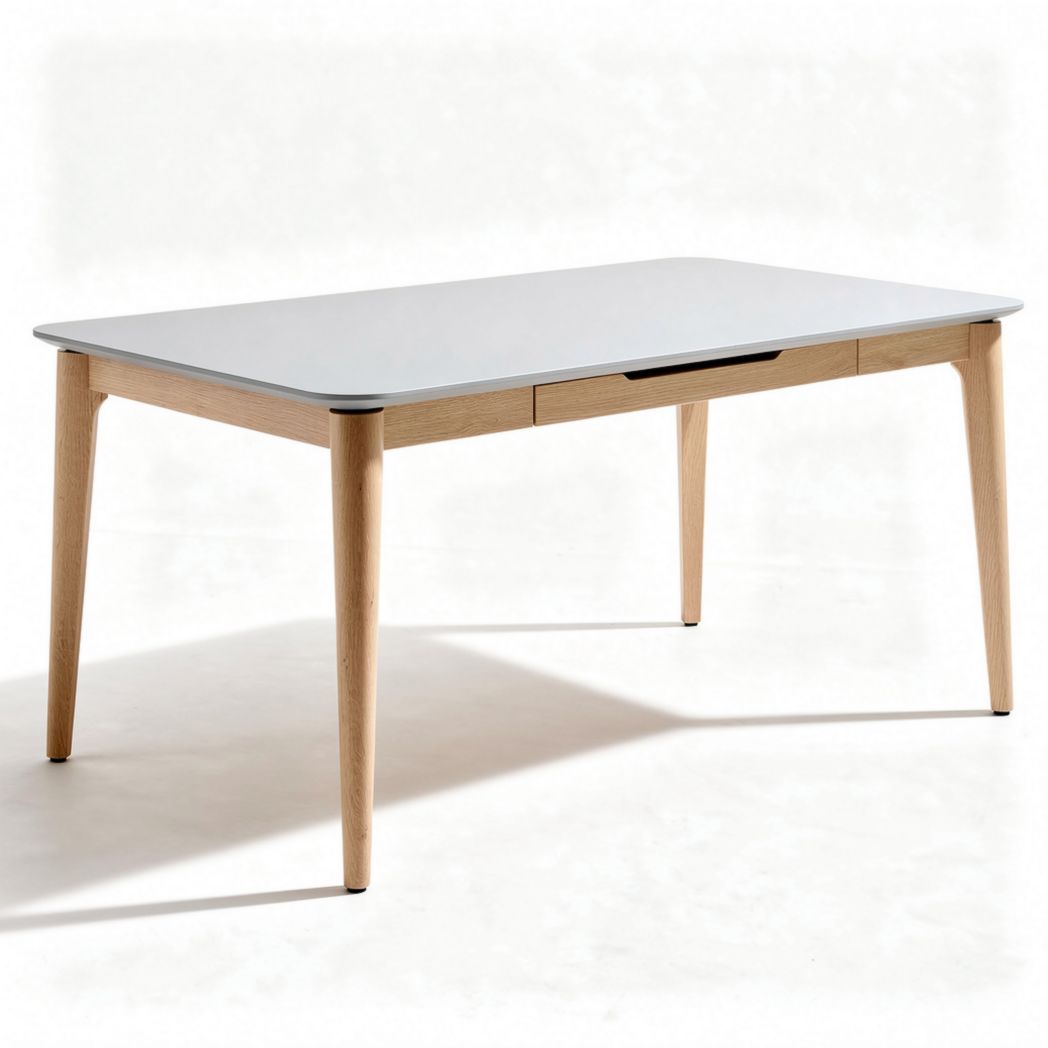 Table rectangulaire en bois naturel avec plateau en verre de dimensions 150 x 90 x 75cm